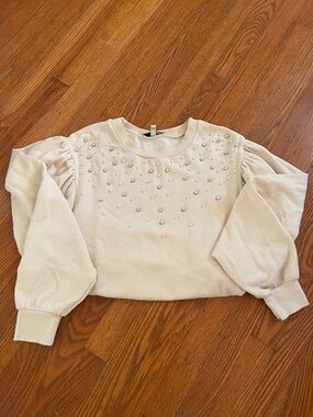 Express embellished crewneck sweatshirt in cream with pearls & rhinestones